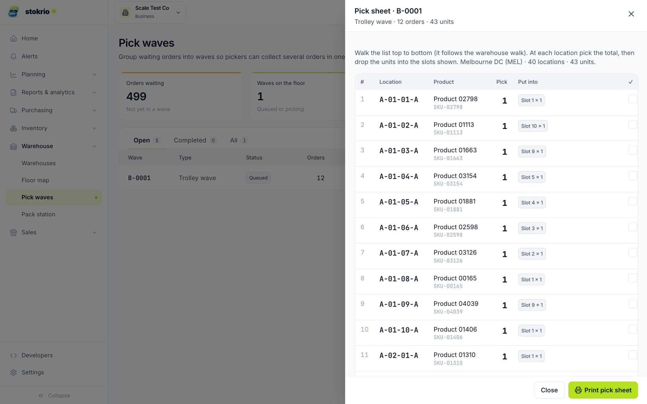 Pick sheet in walking order with locations, pick quantities and trolley slot split