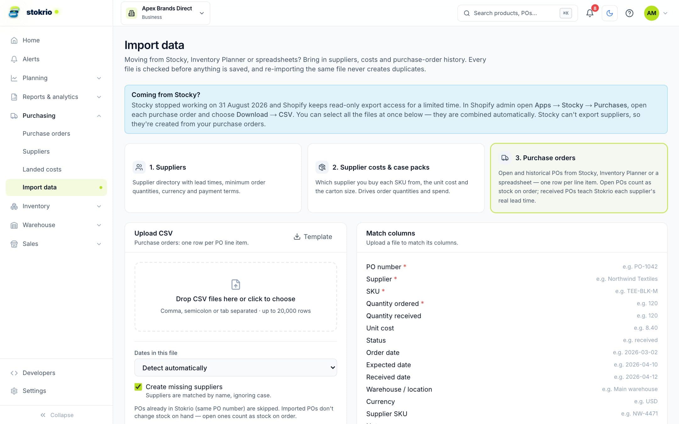 Import data page with purchase order, supplier and supplier cost imports