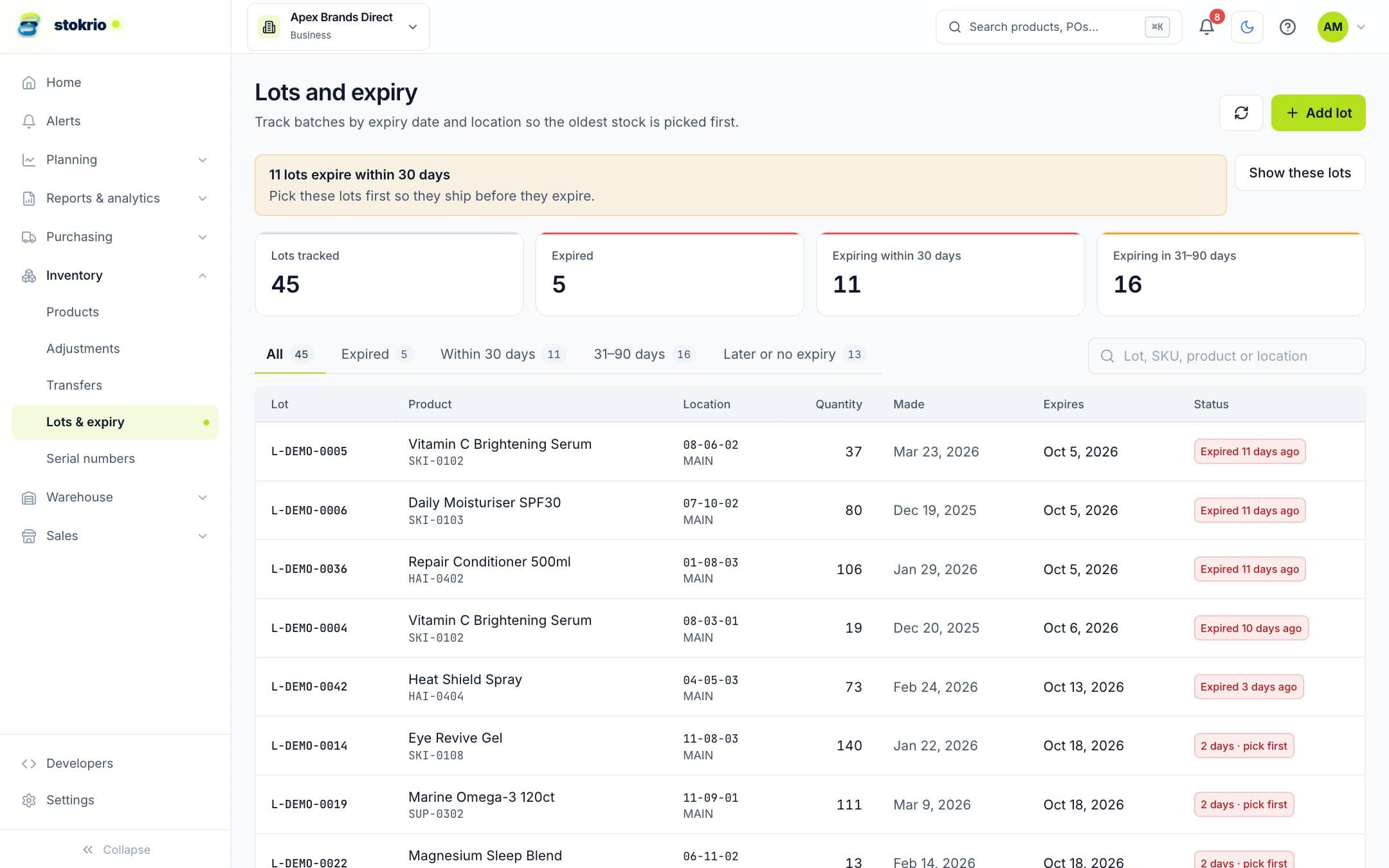 Lots and expiry page with expiry status tabs and lot table
