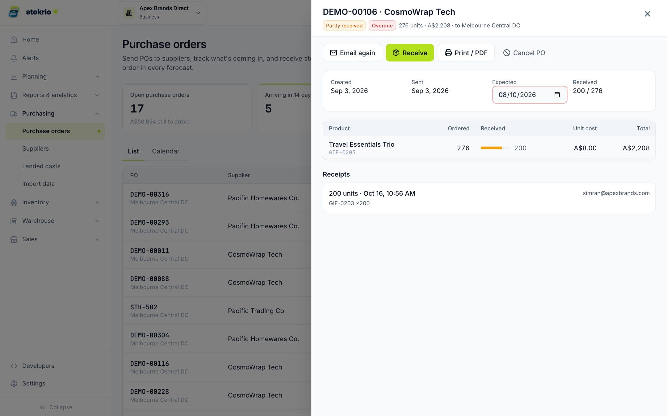 Purchase order drawer with partial receiving, receipt progress and supplier email