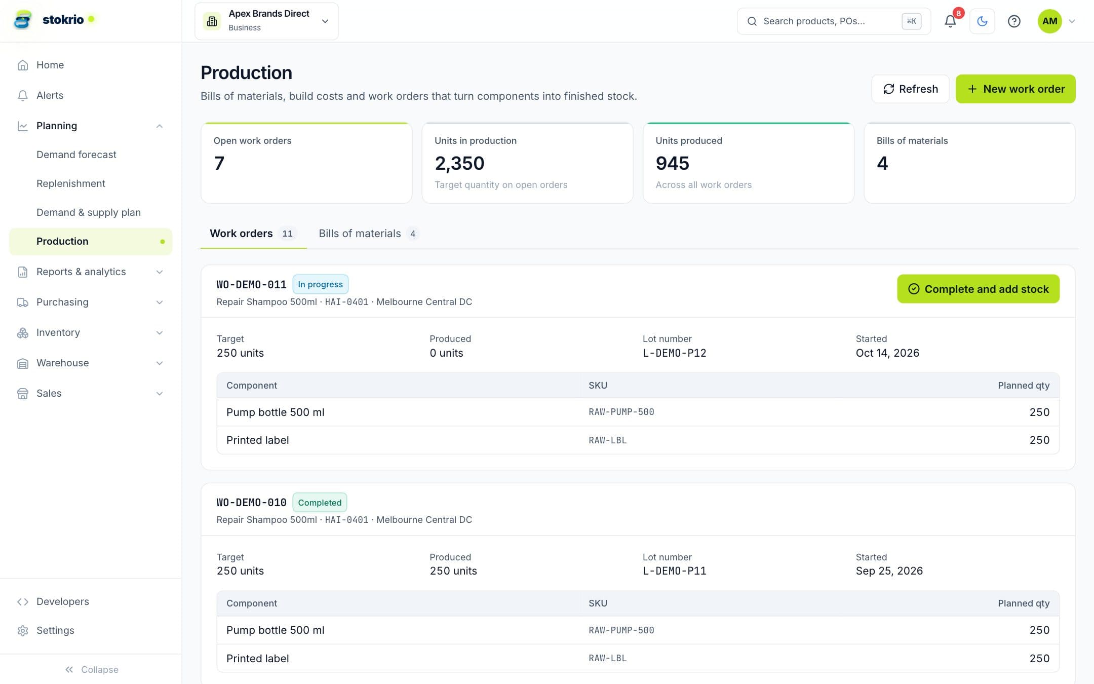 Production page with bills of materials and work orders
